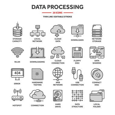Bulut bilgisayar. Internet teknolojisi. Çevrimiçi hizmetler. Veri işleme, bilgi güvenliği. Bağlantı. İnce çizgi web simge seti. Anahat Icons collection.