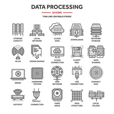 Bulut bilgisayar. Internet teknolojisi. Çevrimiçi hizmetler. Veri işleme, bilgi güvenliği. Bağlantı. İnce çizgi web simge seti. Anahat Icons collection.