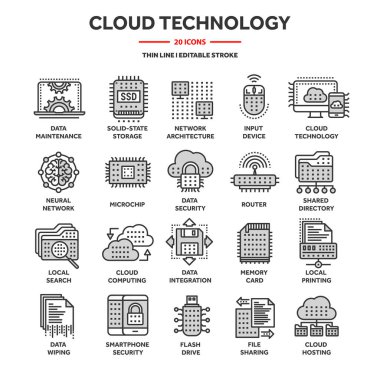 Bulut bilgisayar. Internet teknolojisi. Çevrimiçi hizmetler. Veri, bilgi güvenliği. Bağlantı. İnce çizgi mavi web simge seti. Anahat simgeleri koleksiyonu. Vektör çizim.