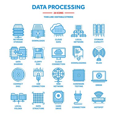 Bulut bilgisayar. Internet teknolojisi. Çevrimiçi hizmetler. Veri işleme, bilgi güvenliği. Bağlantı. İnce çizgi web simge seti. Anahat Icons collection.