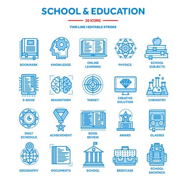 Okul eğitim, üniversite. Çalışma, öğrenme sürecinde. Oline dersleri, öğretici. Öğrenci bilgi. Tarih kitabı. İnce çizgi web simge seti. Anahat simgeleri koleksiyonu. Vektör çizim.