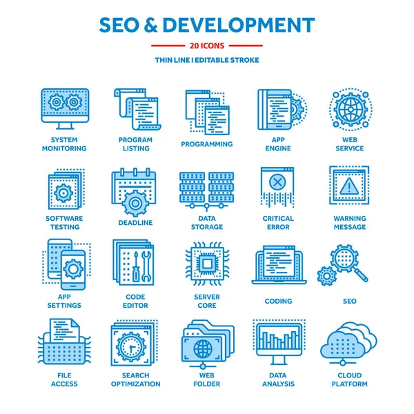 Seo dan pengembangan aplikasi. Cari optimasi mesin. Internet, e-komersi.Thin line blue web icon set. Mengumpulkan ikon. Ilustrasi vektor . - Stok Vektor