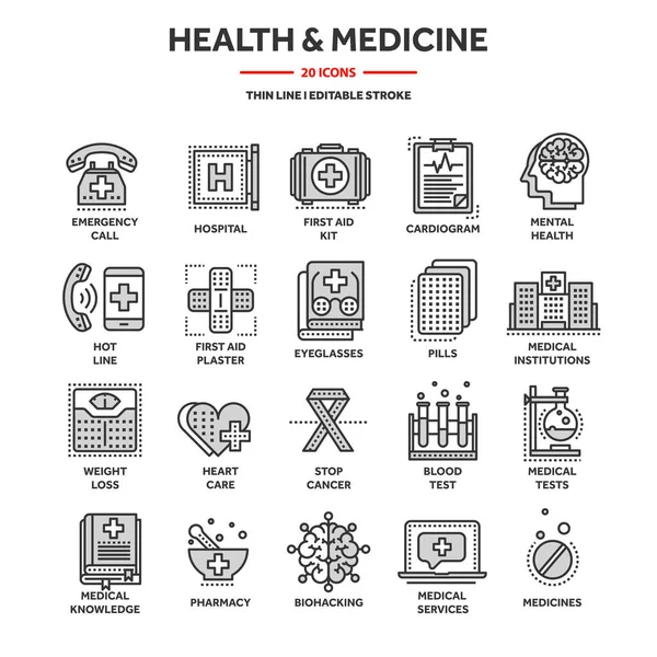 Health care, medicine. First aid. Medical blood tests and diagnostic. Heart cardiogram. Pills and drugs.Thin line web icon set. Outline icons collection. — Stock Vector