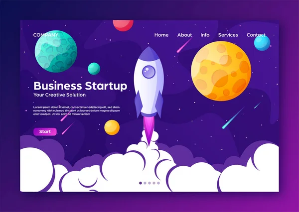 Verkkosivusto lasku kotisivun raketti. Business Project käynnistys ja kehitys moderni tasainen tausta. Mobiili web suunnittelu malli. Avaruusmatka rakettialuksella. Vektoriesimerkki . — vektorikuva