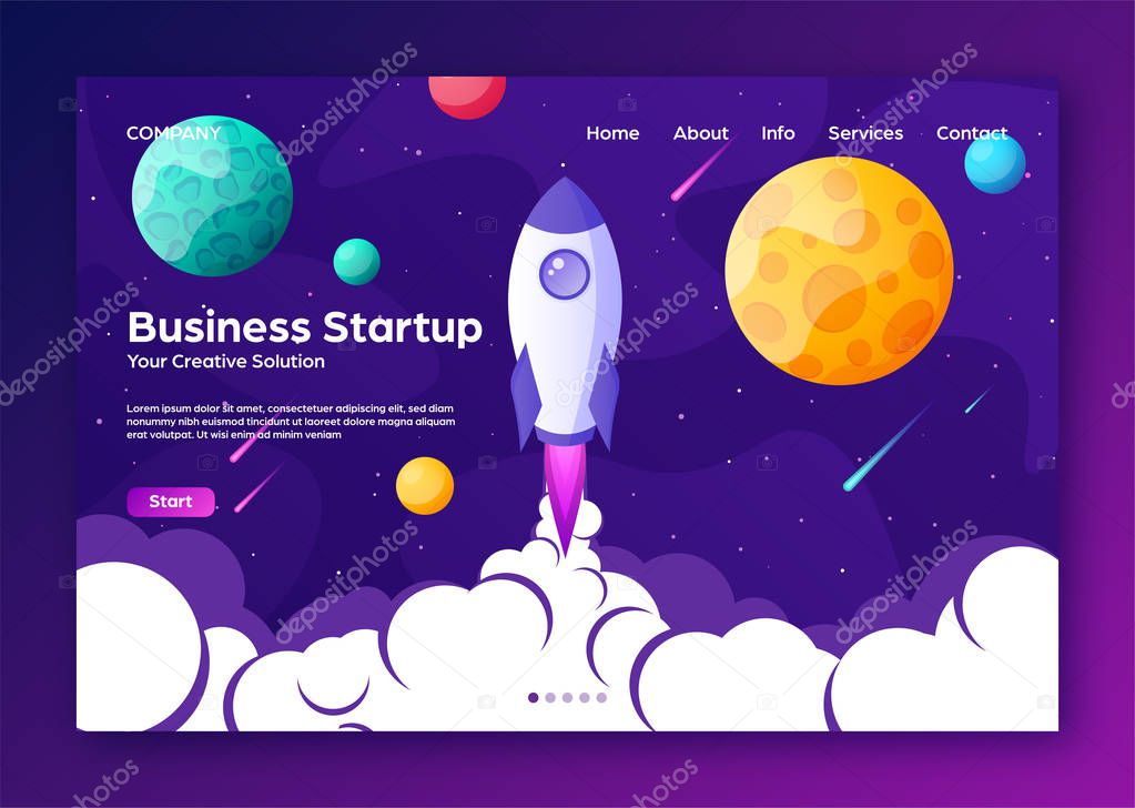 Website landing home page with rocket. Business project startup and development modern flat background. Mobile web design template. Space travel on a rocketship. Vector illustration.
