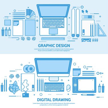 Grafik web tasarım. Çizim ve boyama. Kullanıcı arabirimi UI. Açılış sayfası oluşturma ve geliştirme. Düz mavi anahat arka plan. Hat sanat vektör çizim.
