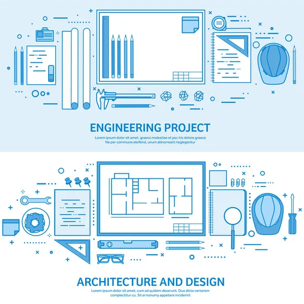 Ingeniería y arquitectura. Construcción de dibujo. Proyecto arquitectónico. Diseño de bocetos. Espacio de trabajo con herramientas. Edificio de planificación. Fondo plano de contorno azul. Ilustración del vector de arte lineal . — Vector de stock