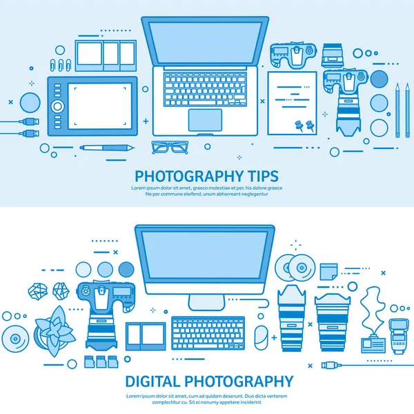 Photography tools, photo editing and photoshooting. Digital photocamera with lens. Flat blue outline background. Line art vector illustration. — Stock Vector