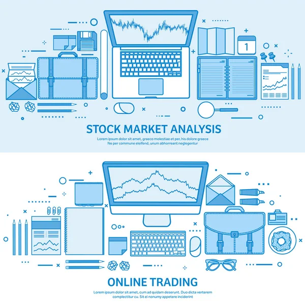 Piaci kereskedelmi tevékenységet. Kereskedési platform számla. Pénzt online. Elemzési és befektetés. Lapos kék körvonal háttér. Vektoros illusztráció. — Stock Vector