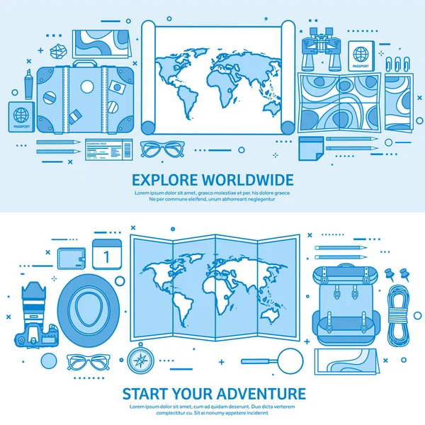 旅行和旅游。世界地图, 地球。旅游之旅, 暑假。在全球范围内旅行、探索。探险探险。平面蓝色轮廓背景。线艺术向量例证. — 图库矢量图片