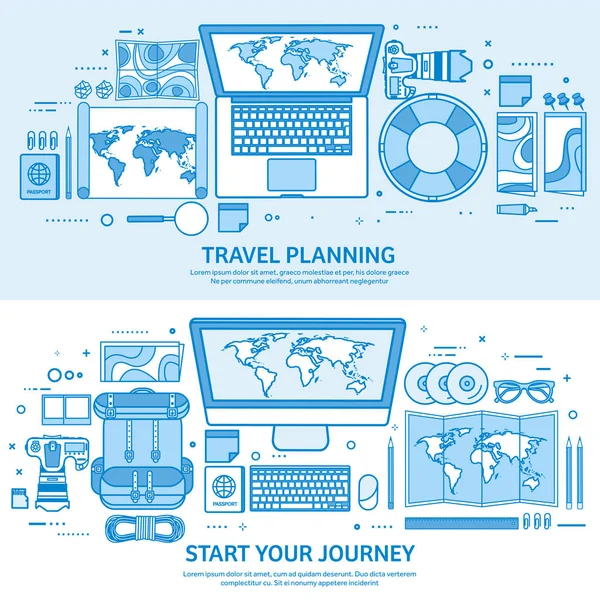Travel and tourism. World map, earth globe. Trip tour journey, summer holidays. Traveling, exploring worldwide. Adventure expedition. Flat blue outline background. Line art vector illustration. — Stock Vector