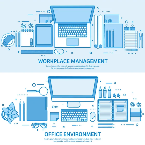 Lugar de trabajo con ordenador, ordenador portátil, documentos, papeles, bloc de notas y lápiz. Trabajo de oficina, gestión de espacios de trabajo. Fondo plano de contorno azul. Ilustración del vector de arte lineal . — Archivo Imágenes Vectoriales