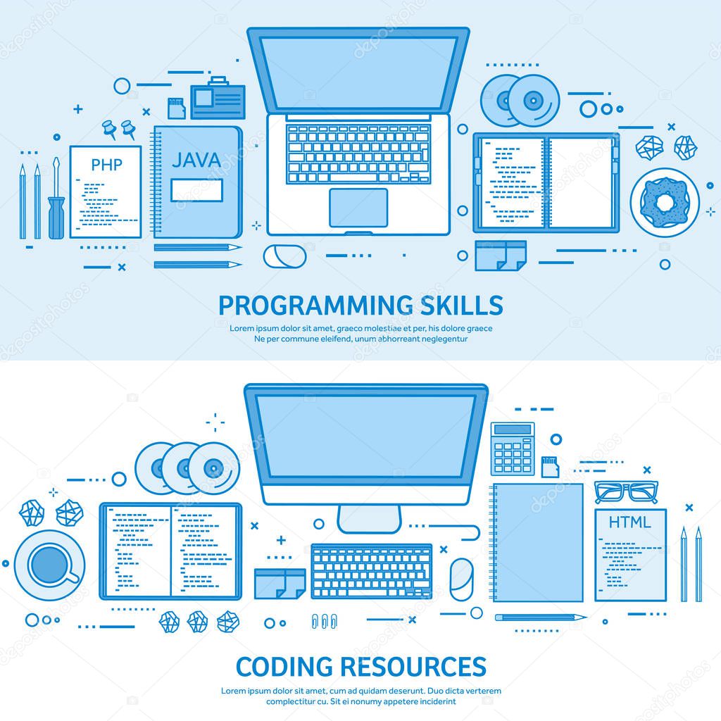 Programming, coding and SEO. Web development. Search engine optimization. Code, hardware and software. Flat blue outline background. Line art vector illustration.