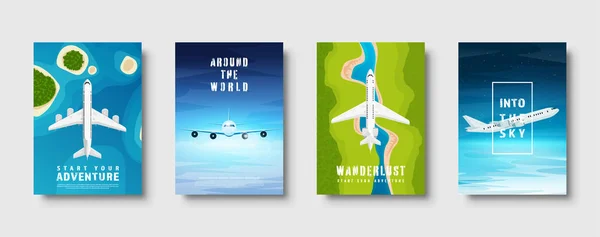 Travel and tourism. Airplane, aviation. Summer holidays vacation. Plane landing. Flight air traveling. Sky tropical background. Island sea, boats journey. Vector illustration.