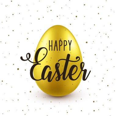 Paskalya arka plan gerçekçi altın yumurta ile. Bahar yumurtası avı. Metin yazı, kaligrafi ile mutlu tatil tebrik kartı. Renkli sezon afiş. Vektör çizim.
