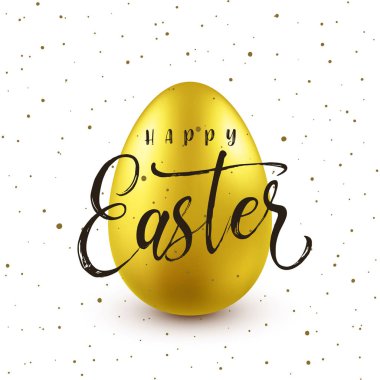Paskalya arka plan gerçekçi altın yumurta ile. Bahar yumurtası avı. Metin yazı, kaligrafi ile mutlu tatil tebrik kartı. Renkli sezon afiş. Vektör çizim.