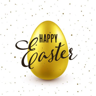 Paskalya arka plan gerçekçi altın yumurta ile. Bahar yumurtası avı. Metin yazı, kaligrafi ile mutlu tatil tebrik kartı. Renkli sezon afiş. Vektör çizim.