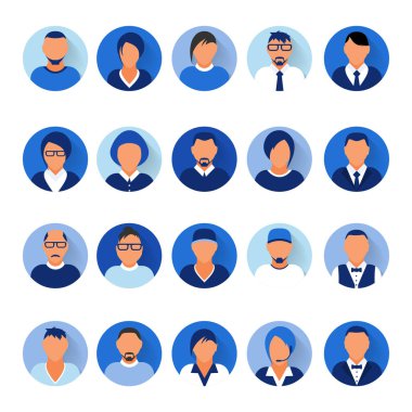 Düz modern mavi en az avatar simgeleri. İş kavramı, küresel iletişim. Web sitesi kullanıcı profili. Sosyal medya, ağ öğeleri.