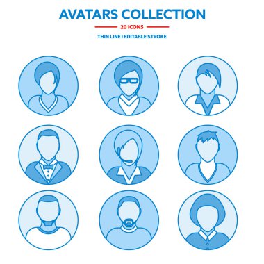 Düz modern en az satır avatar simgeleri. İş kavramı, küresel iletişim. Web sitesi kullanıcı profili. Sosyal medya, ağ öğeleri.