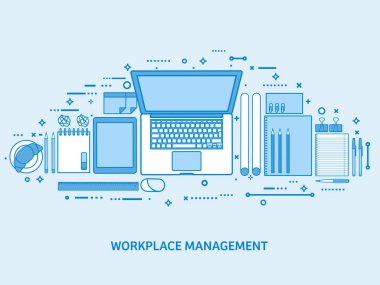 Bilgisayar, dizüstü bilgisayar, belgeler, makaleler, not defteri ve kalem ile çalışma alanı. Ofis işleri, çalışma alanı yönetimi. Düz mavi anahat arka plan. Hat sanat vektör çizim.