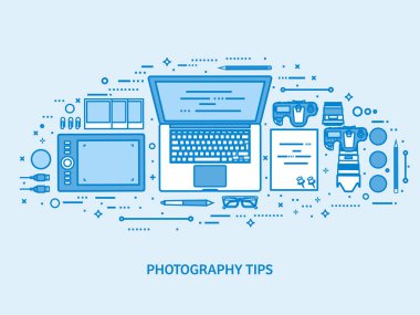 Fotoğraf araçları, fotoğraf düzenleme ve beğenilen. Dijital photocamera lens ile. Düz mavi anahat arka plan. Hat sanat vektör çizim.
