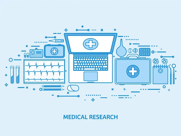 保健、急救、心脏病研究。医学研究和化学工程, 制药。平面蓝色轮廓背景。线艺术向量例证. — 图库矢量图片