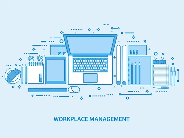 Local de trabalho com computador, laptop, documentos, papéis, bloco de notas e lápis. Trabalho de escritório, gestão do espaço de trabalho. Plano de fundo contorno azul. Ilustração vetorial de arte de linha . —  Vetores de Stock