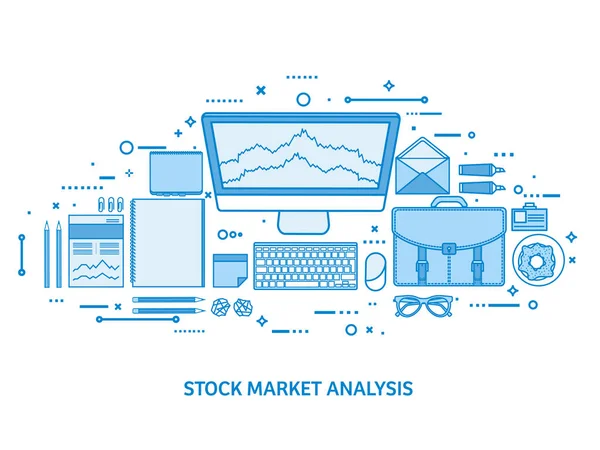 Piaci kereskedelmi tevékenységet. Kereskedési platform számla. Pénzt online. Elemzési és befektetés. Lapos kék körvonal háttér. Vektoros illusztráció. — Stock Vector