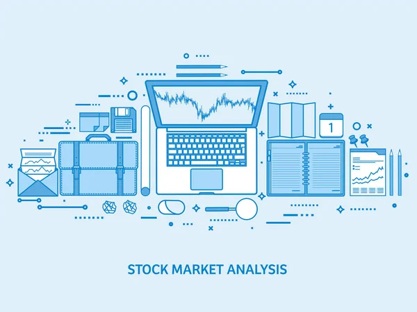 市場貿易ビジネス。プラットフォームの取引口座。オンラインでお金を稼ぐ。分析と投資します。平らな青いアウトライン背景。ライン アートのベクトル図. — ストックベクタ