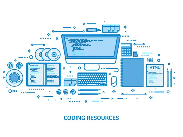 编程、编码和 Seo。网络开发。搜索引擎优化。代码、硬件和软件。平面蓝色轮廓背景。线艺术向量例证. — 图库矢量图片