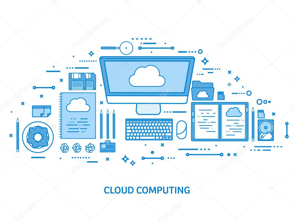 Cloud computing, media data server. Web storage. Digital technology. Internet connection. Flat blue outline background. Line art vector illustration.