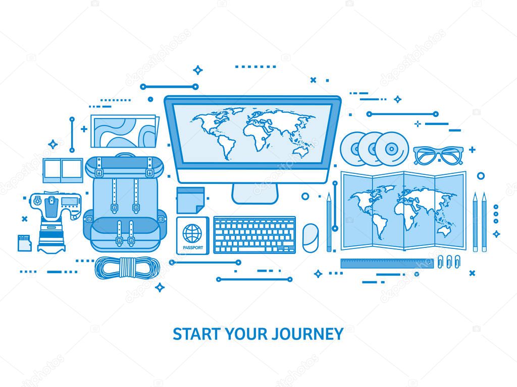 Travel and tourism. World map, earth globe. Trip tour journey, summer holidays. Traveling, exploring worldwide. Adventure expedition. Flat blue outline background. Line art vector illustration.