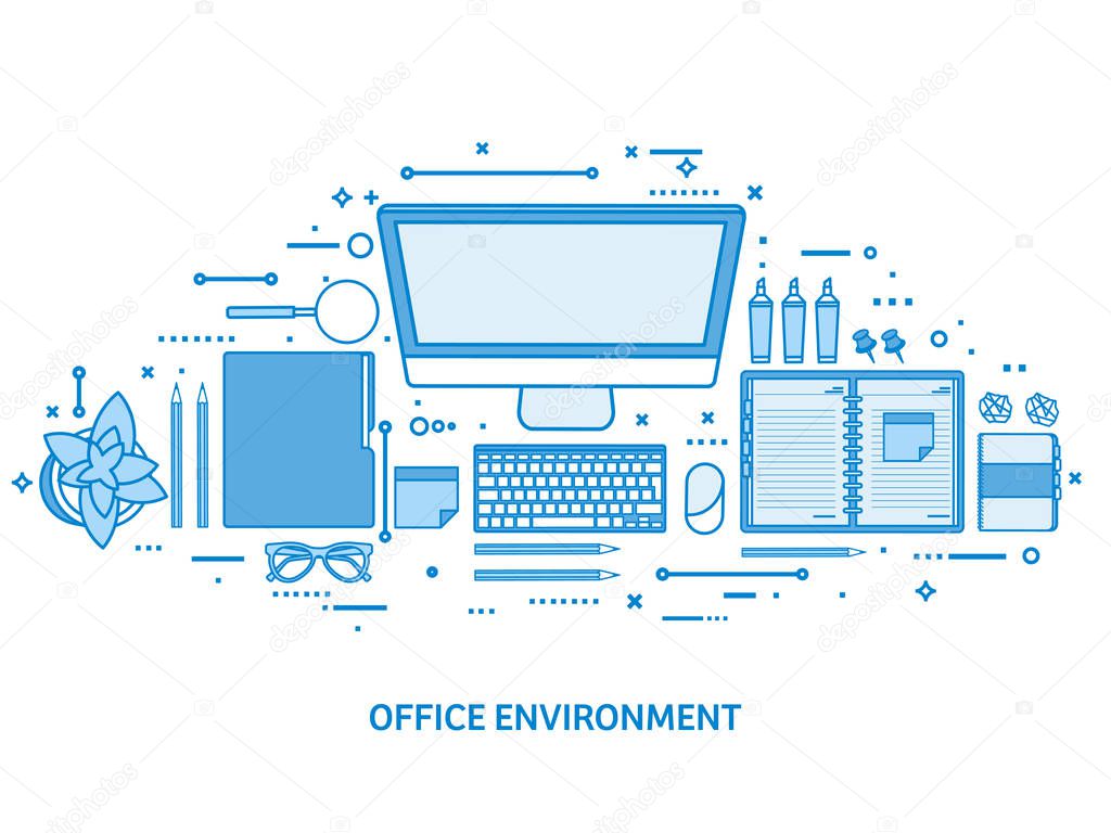 Workplace with computer, laptop, documents, papers, notepad and pencil. Office work, workspace management. Flat blue outline background. Line art vector illustration.