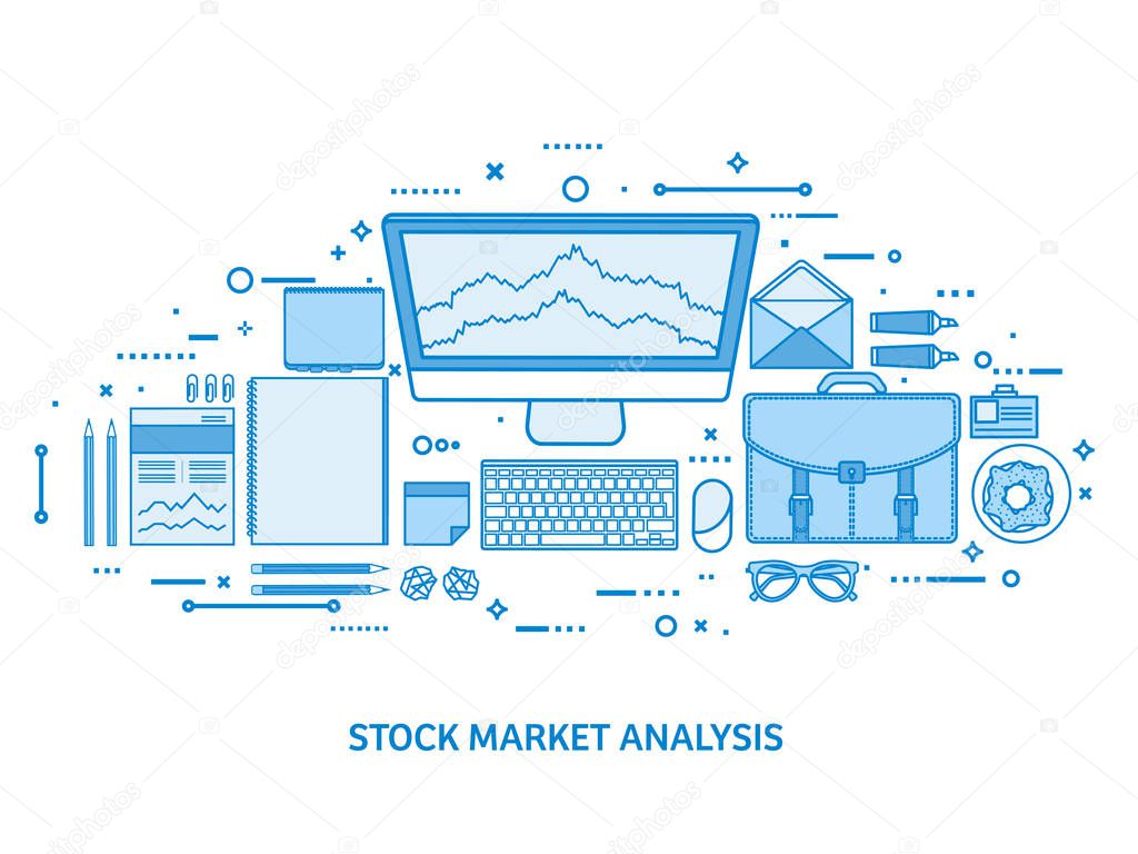 Market trade business. Trading platform account. Make money online. Analysis and investing. Flat blue outline background. Line art vector illustration.