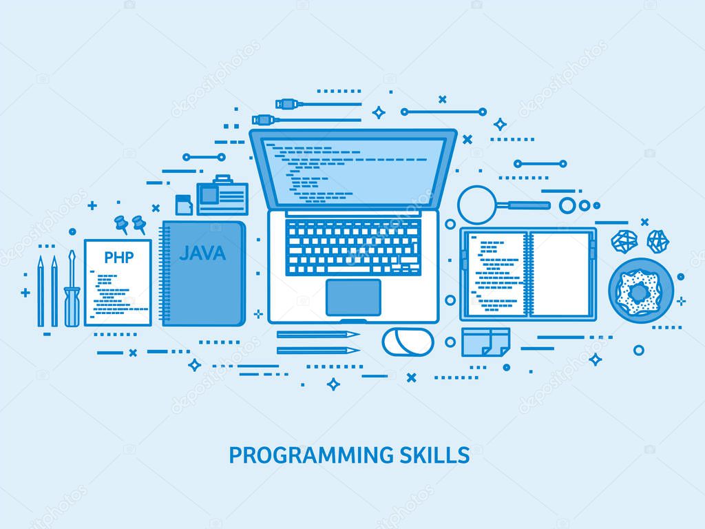 Programming, coding and SEO. Web development. Search engine optimization. Code, hardware and software. Flat blue outline background. Line art vector illustration.