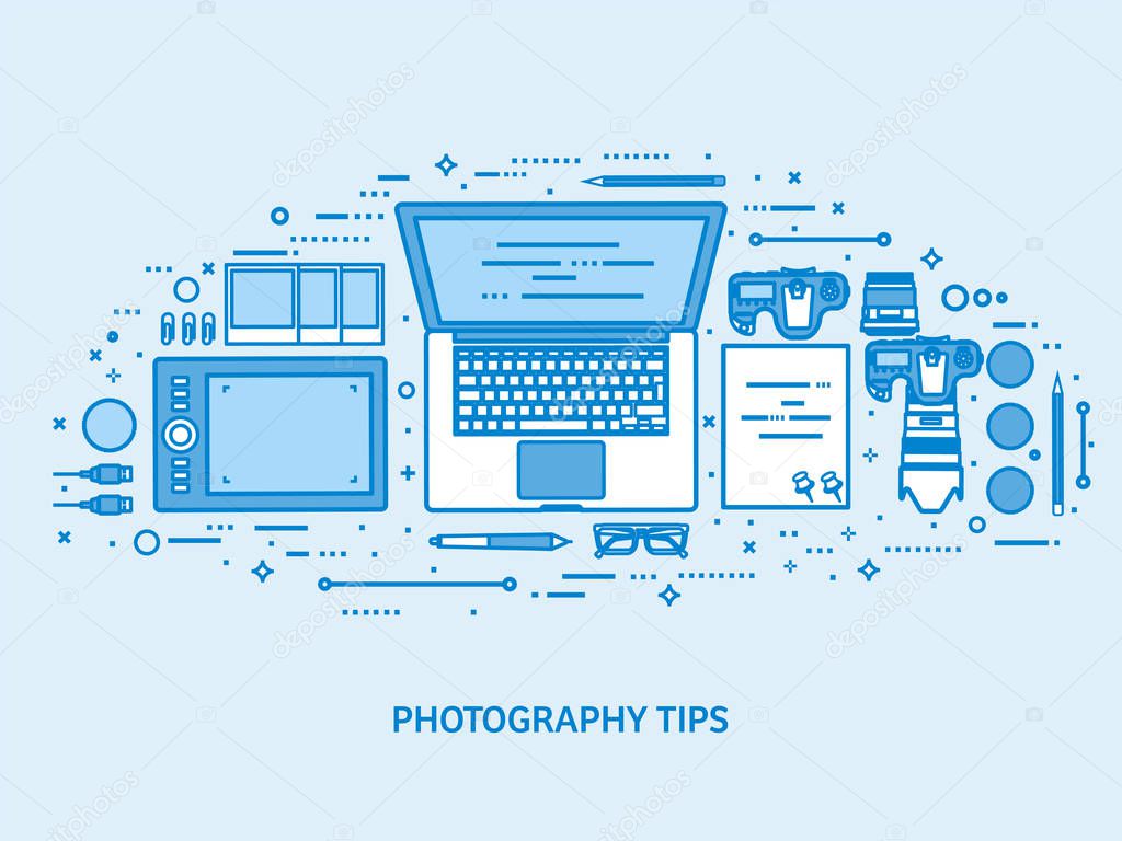 Photography tools, photo editing and photoshooting. Digital photocamera with lens. Flat blue outline background. Line art vector illustration.