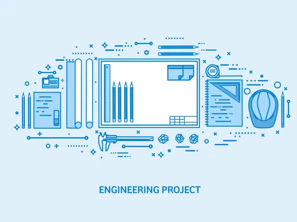 Ingénierie et architecture. Dessin de construction. Projet architectural. Esquisse de design. Espace de travail avec outils. Planification du bâtiment. Fond bleu plat contour. Illustration vectorielle d'art linéaire . — Image vectorielle