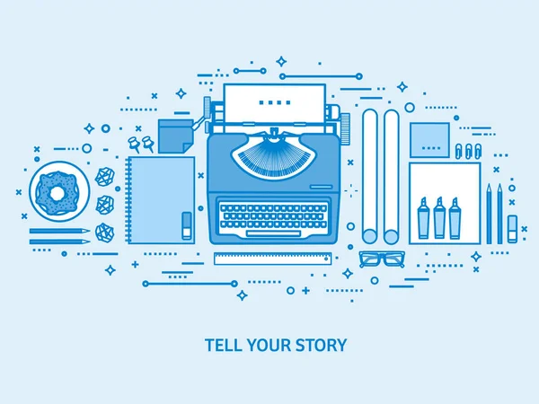 Γραφομηχανή σε τραπέζι. Πες την ιστορία σου. Συγγραφέας. Πλατφόρμα ιστολογίου. Επίπεδη μπλε φόντο περίγραμμα. Απεικόνιση διανυσματικής τέχνης γραμμής. — Διανυσματικό Αρχείο