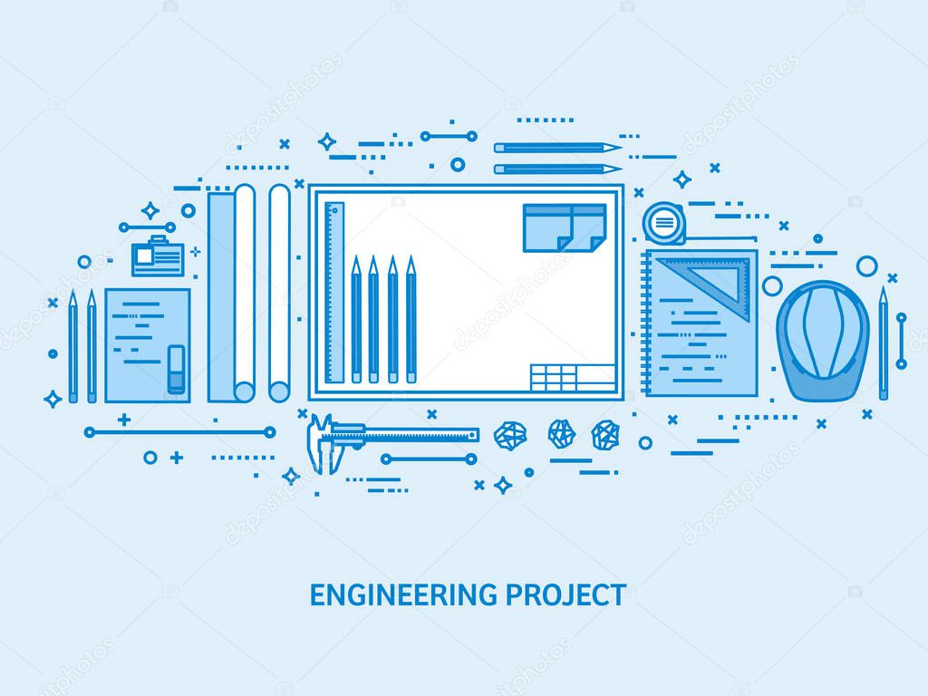 Engineering and architecture. Drawing construction. Architectural project. Design sketching. Workspace with tools. Planning building. Flat blue outline background. Line art vector illustration.
