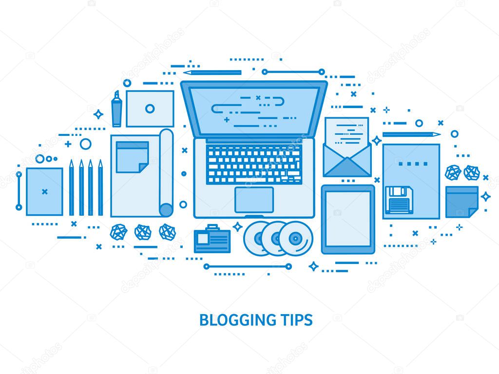 Laptop on a table. Tell your story. Author. Blogging platform. Flat blue outline background. Line art vector illustration.