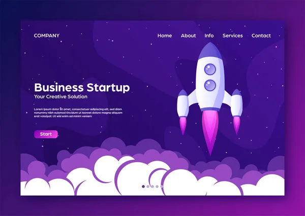 Verkkosivusto lasku kotisivun raketti. Business Project käynnistys ja kehitys moderni tasainen tausta. Mobiili web suunnittelu malli. Avaruusmatka rakettialuksella. Vektoriesimerkki . — vektorikuva