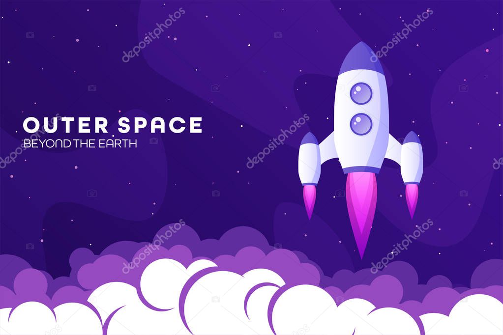 Space futuristic modern colorful background with rocket. Starship, spaceship in night sky. Solar system, galaxy and universe exploration. Vector illustration.