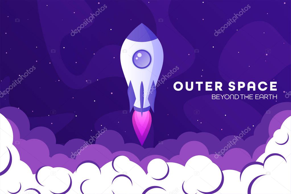 Space futuristic modern colorful background with rocket. Starship, spaceship in night sky. Solar system, galaxy and universe exploration. Vector illustration.