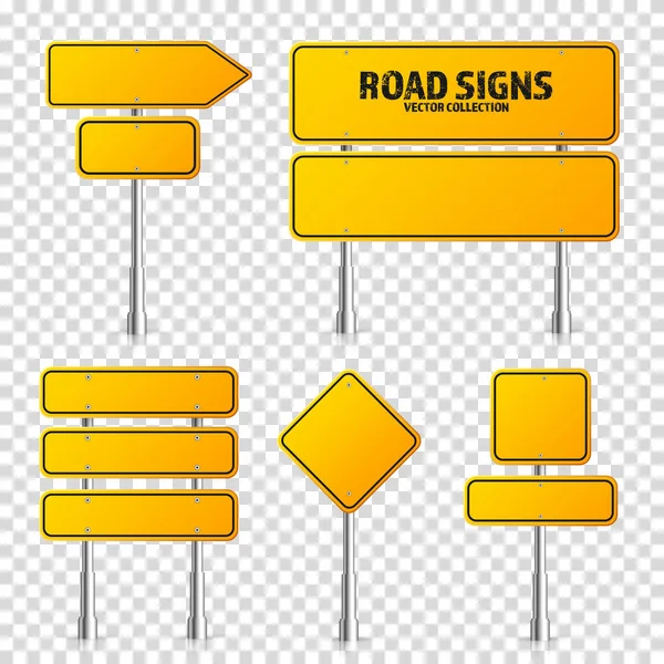 Road yellow traffic signs set. Blank board with place for text. Mockup. Isolated information sign. Direction. Vector illustration. — Stock Vector
