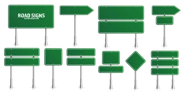 道路绿色交通标志设置。带文本位置的空白板。样机。独立信息符号。方向。矢量插图. — 图库矢量图片