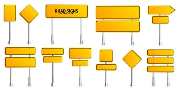 Дорожные желтые дорожные знаки установлены. Пустая доска с местом для текста. Макет. Изолированный информационный знак. Направление. Векторная иллюстрация . — стоковый вектор
