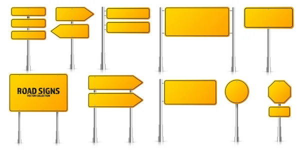 Panneaux routiers jaunes. Tableau blanc avec place pour le texte. Maquette. Panneau d'information isolé. Direction. Illustration vectorielle . — Image vectorielle