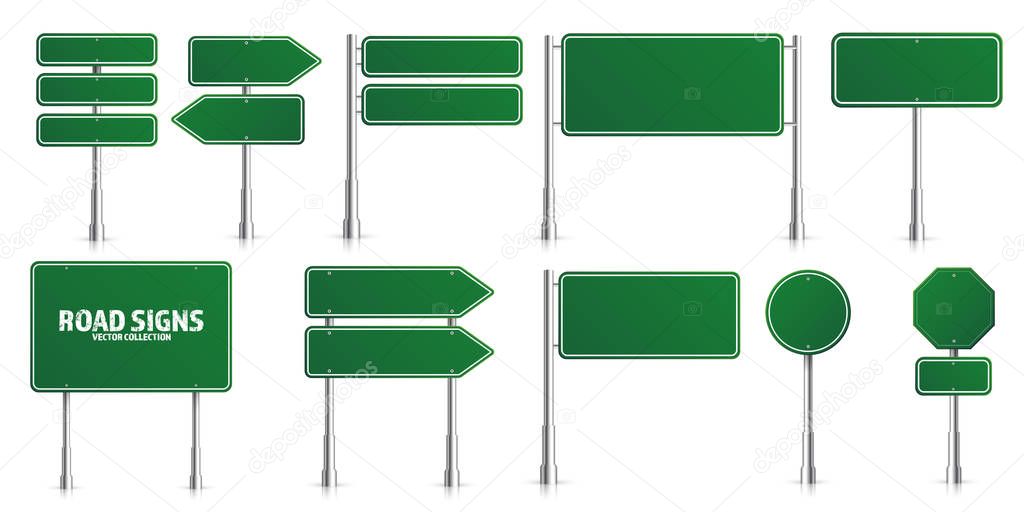 Road green traffic signs set. Blank board with place for text. Mockup. Isolated information sign. Direction. Vector illustration.