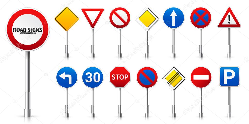 Road highway regulatory signs set. Traffic control and lane usage. Stop and yield. Vector illustration.