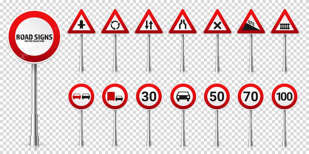 Road highway regulatory signs set. Traffic control and lane usage. Stop and yield. Vector illustration.